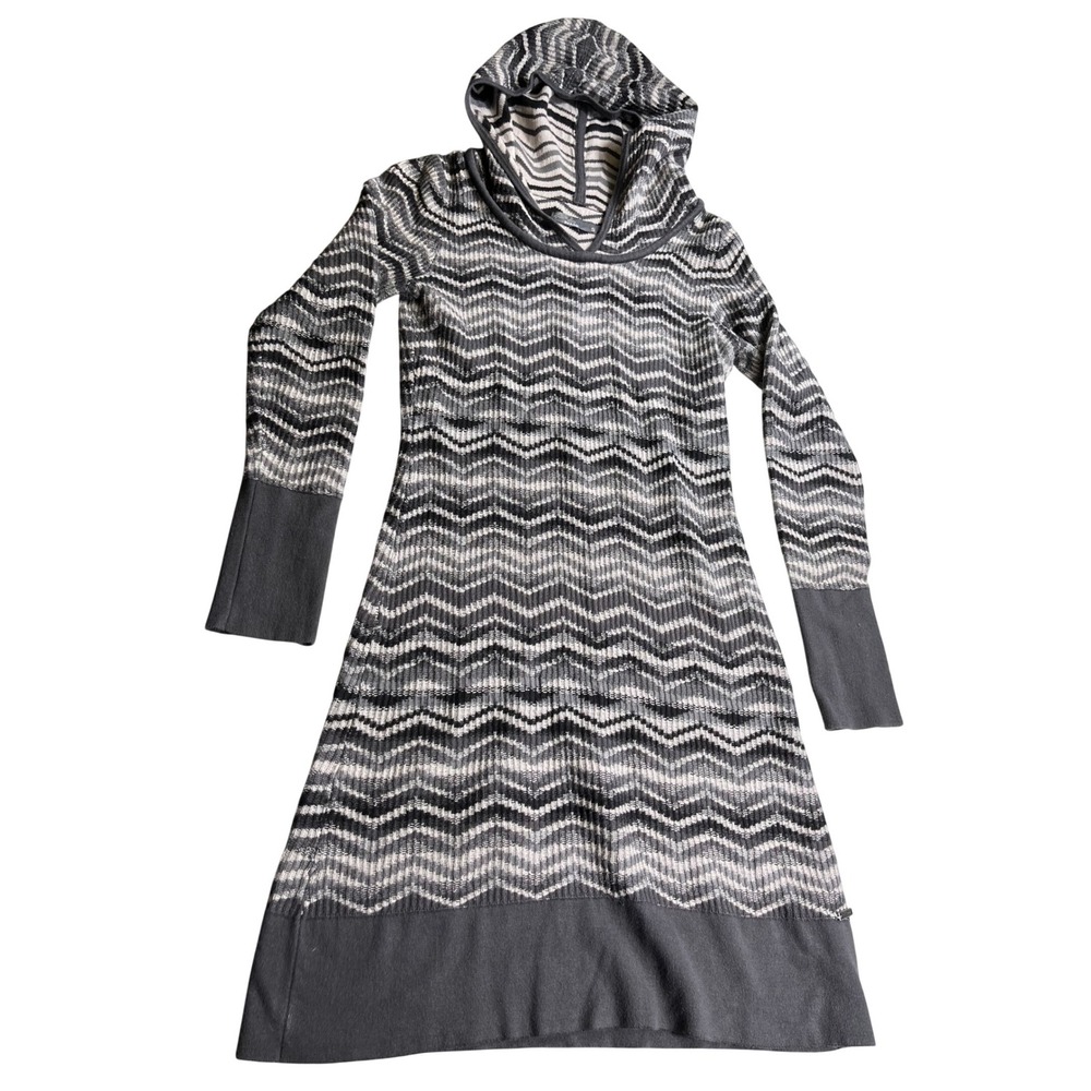 Prana Hooded Sweater Dress Womens Small Gray Chevron Knit Long Sleeve Cozy Boho